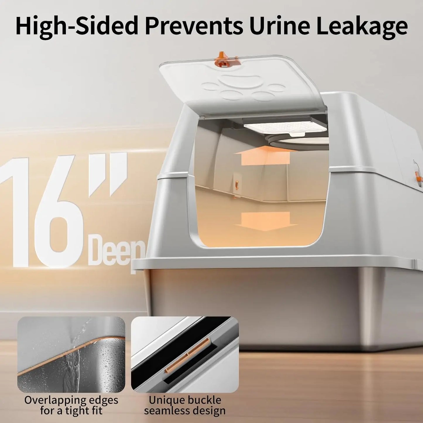 Stainless Steel Cat Litter Box with Lid, 180° Flip-Top XL Enclosed Design, Easy Cleaning & Odor Control