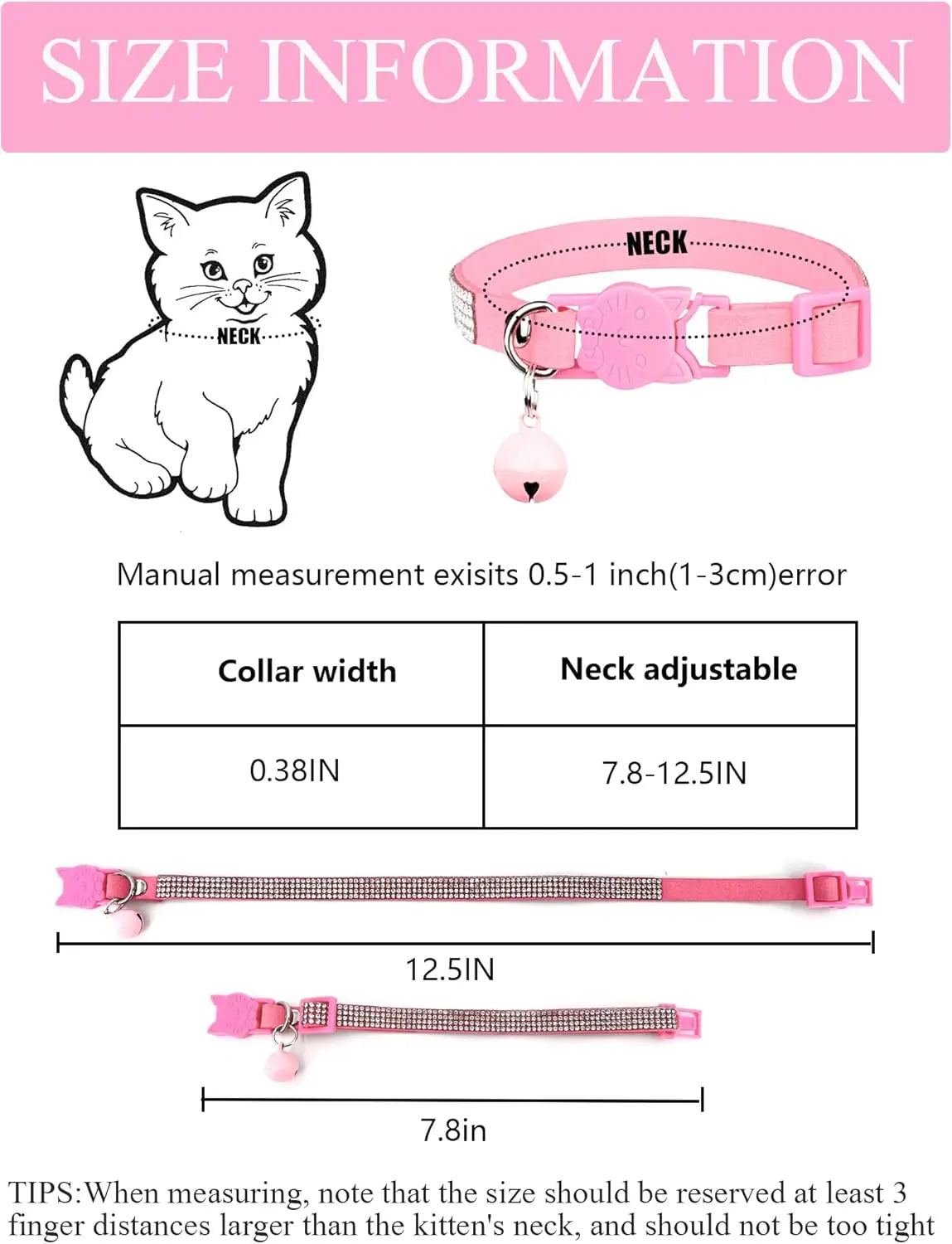 Rhinestone Velvet Breakaway Cat Collar with Bell, Adjustable Safe Kitten Collar in Pink