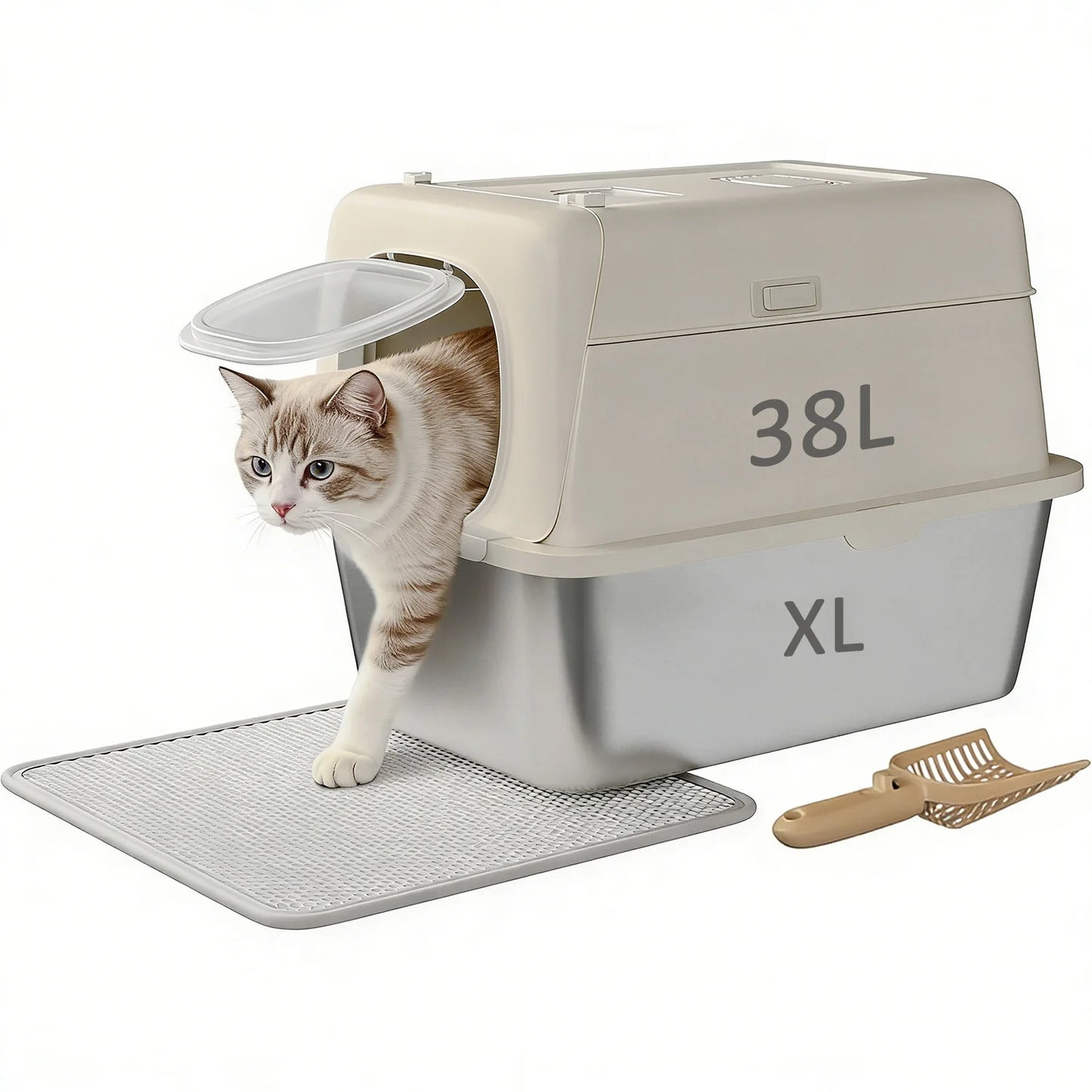 Stainless Steel Litter Box Large Odor Free Anti-Leakage High Sided Cat Litter Box with Scoop&Litter Mat, Semi-enclosed/Enclosed