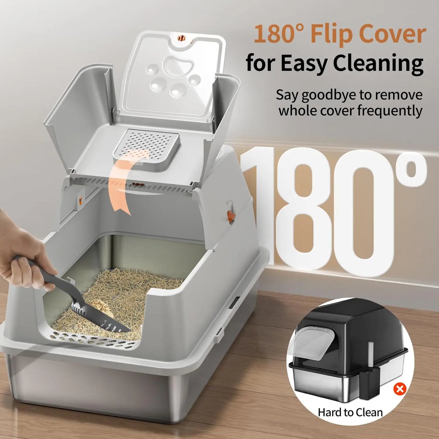 Stainless Steel Cat Litter Box with Lid, 180° Flip-Top XL Enclosed Design, Easy Cleaning & Odor Control