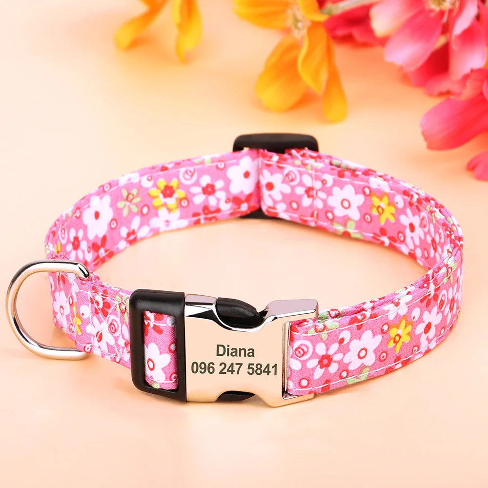 Printed Nylon Personalized Dog Collar Custom Dog Collar Floral Puppy Necklace Engraved Name for Small Medium Large Dogs Bulldog