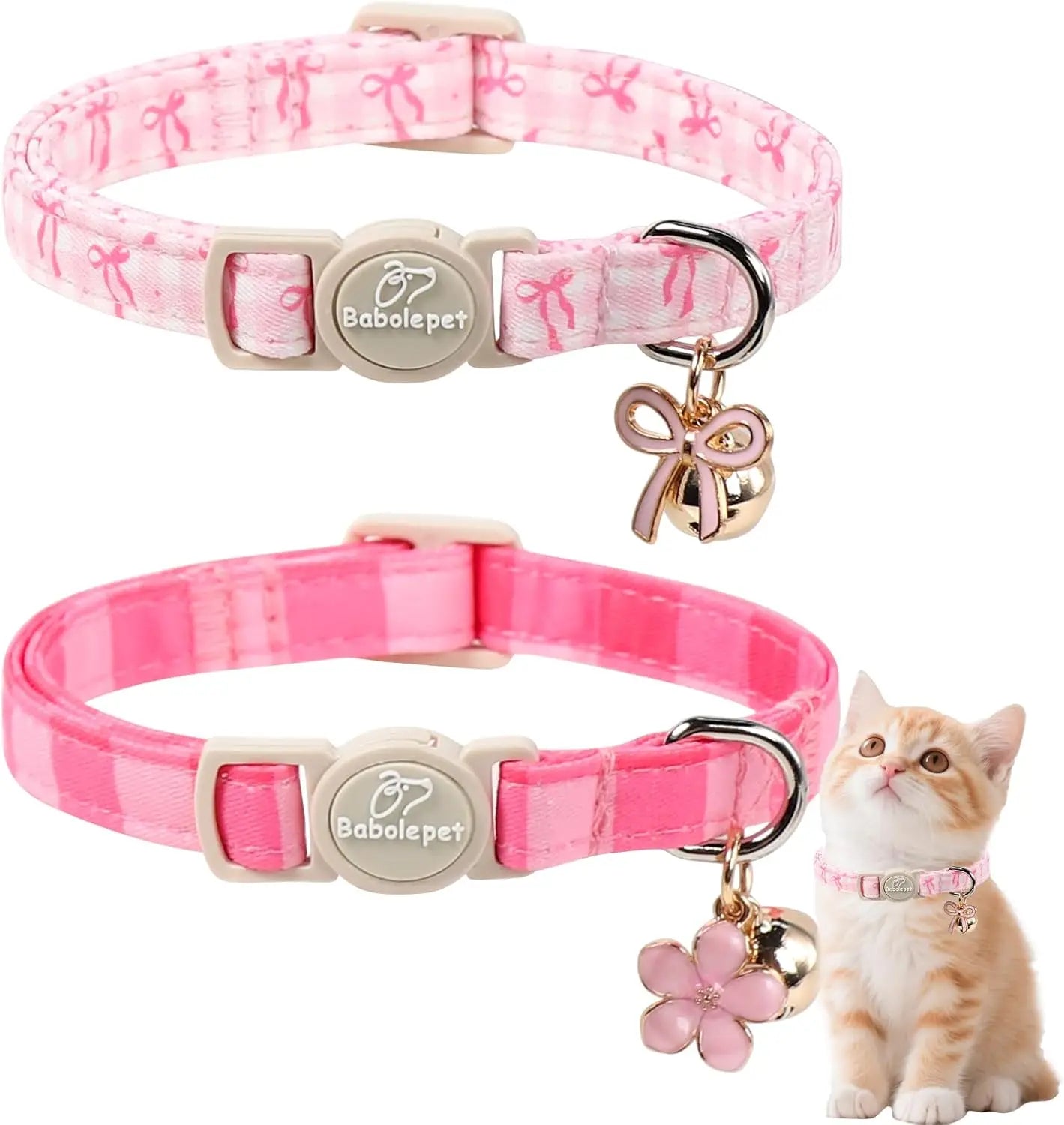 2 Pack Pink Cat Collars with Bell, Bow, Flower Pendant - Adjustable Kitten Collar for Girl Cats in Cute Plaid Design