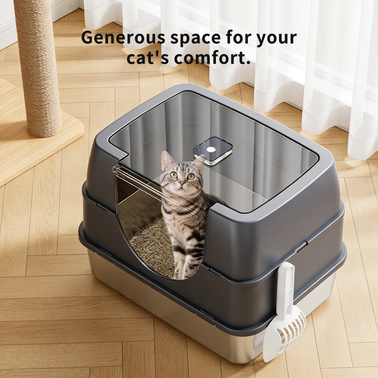 Stainless Steel Litter Box with Lid, Side Entry Large Enclosed Cat Litterbox for Kitty & Multi-Cat, Flip Cover Easy to Clean