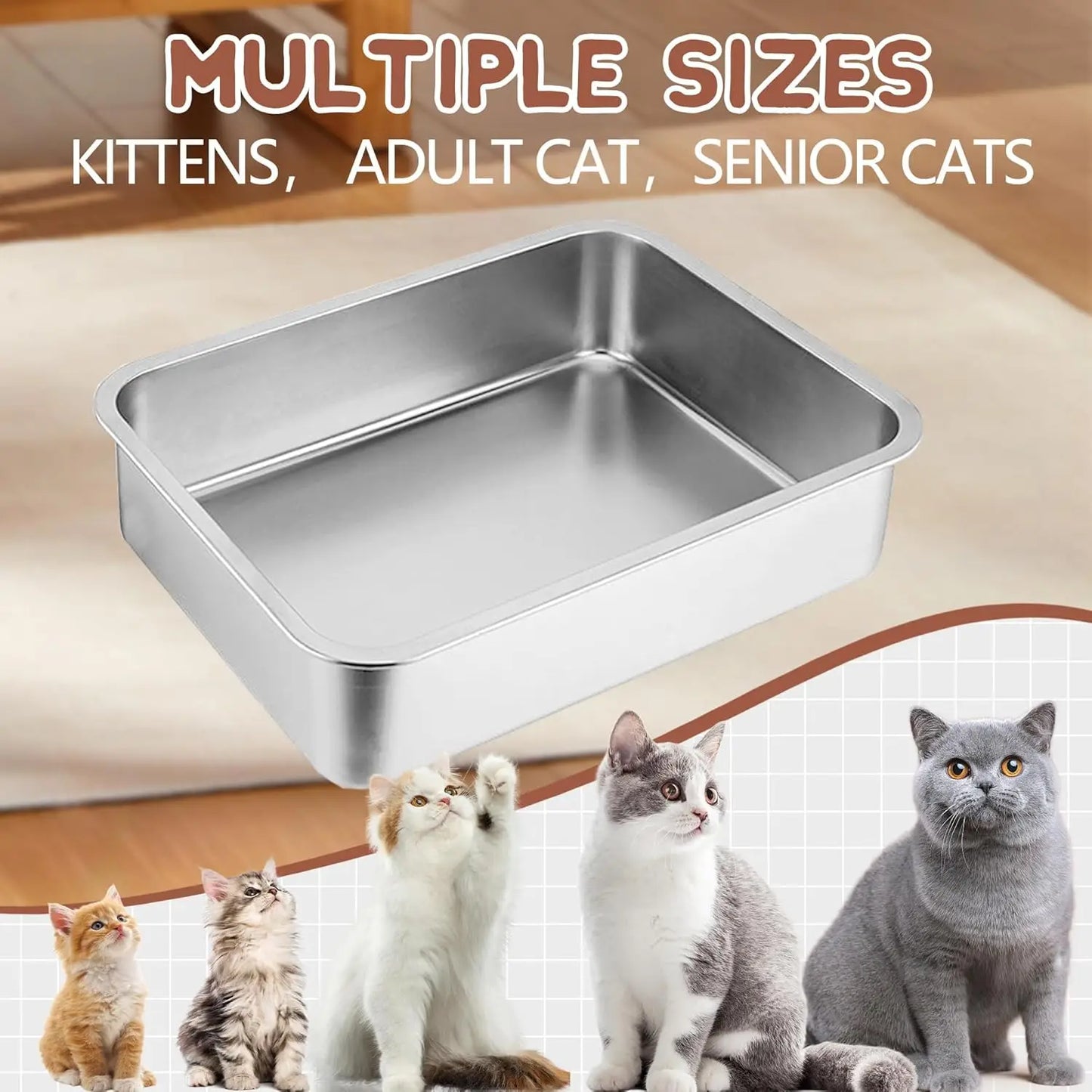 Low Entry Cat Litter Box, Stainless Steel for Small Cats, Guinea Pigs, Puppies, Hamsters - 15.7x11.8x4 Inches