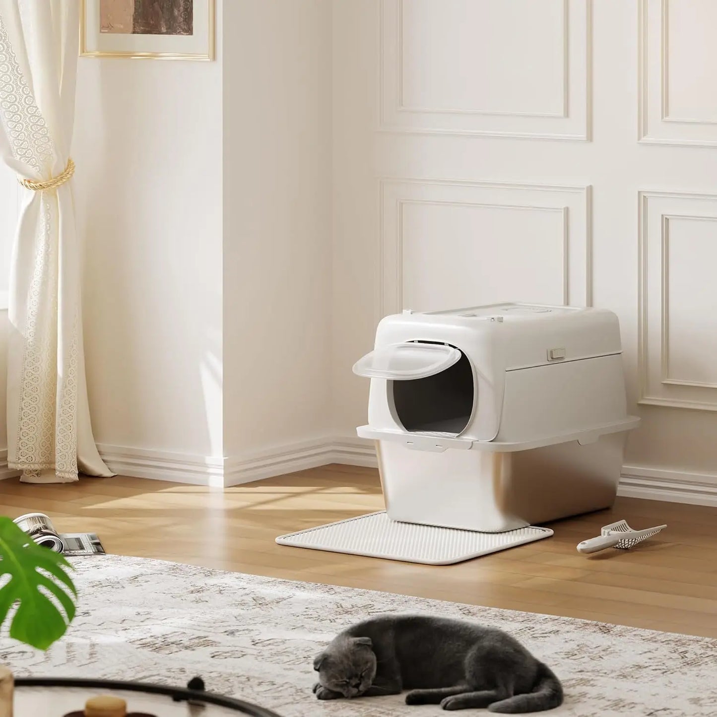 Stainless Steel Litter Box Large Odor Free Anti-Leakage High Sided Cat Litter Box with Scoop&Litter Mat, Semi-enclosed/Enclosed