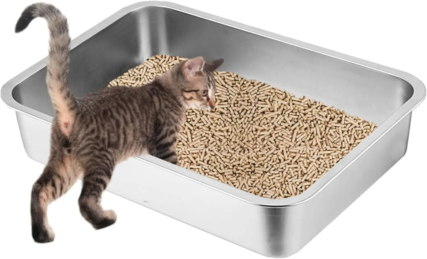 Low Entry Cat Litter Box, Stainless Steel for Small Cats, Guinea Pigs, Puppies, Hamsters - 15.7x11.8x4 Inches