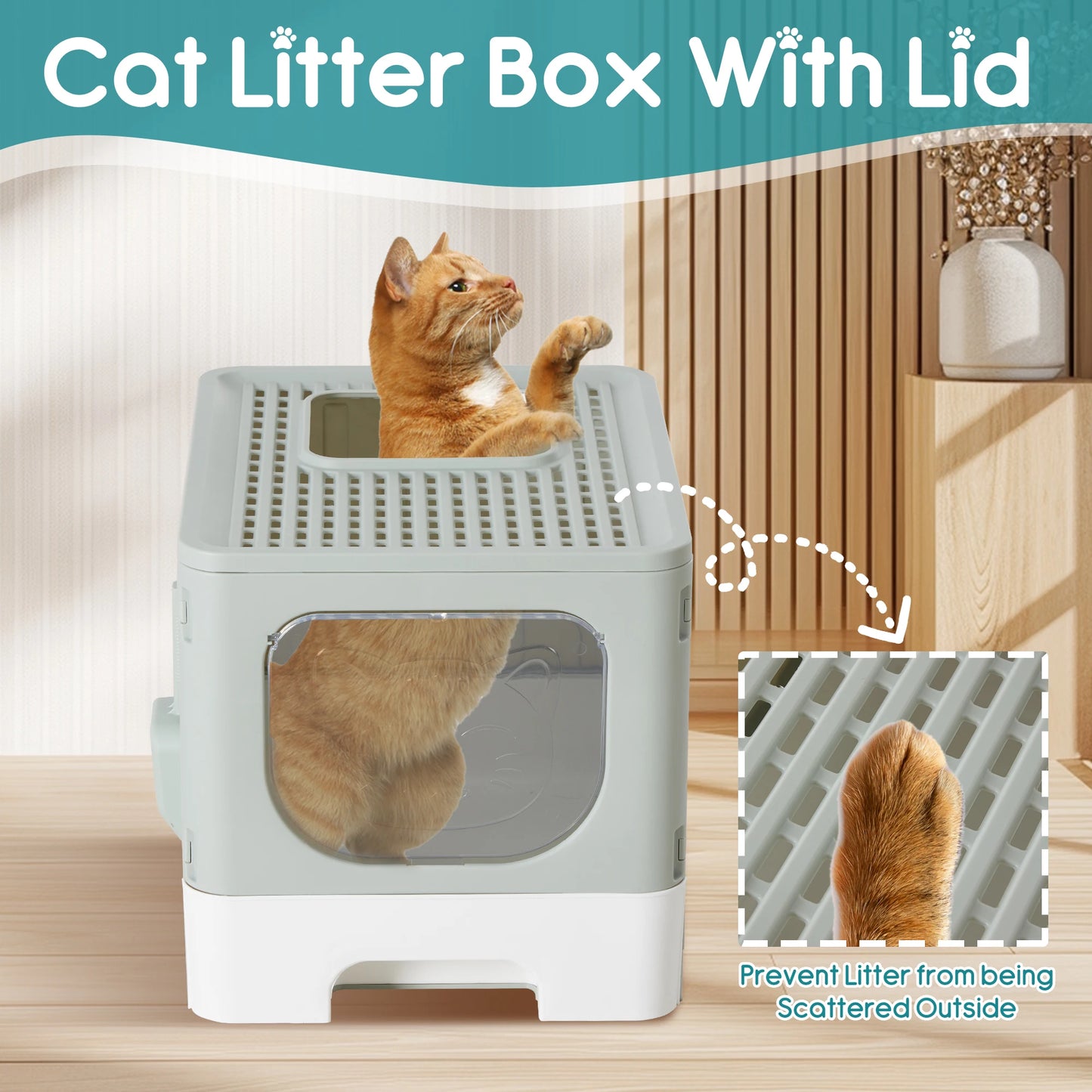 JHK 19IN Cat Litter Box with Lid Large Foldable Cat Box with Litter Scoop Front Entry Top Exit Kitty Litter Box with Door
