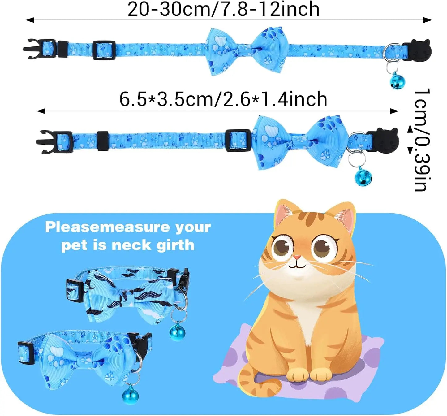 2 Pack Breakaway Cat Collars with Bell and Removable Bow Tie, Adjustable 7.8-12 Inch Safety Buckle for Boy Cats in Blue