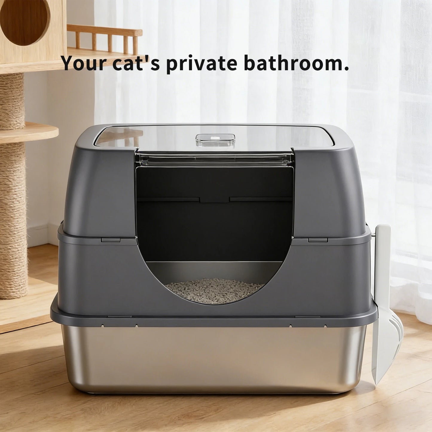Stainless Steel Litter Box with Lid, Side Entry Large Enclosed Cat Litterbox for Kitty & Multi-Cat, Flip Cover Easy to Clean