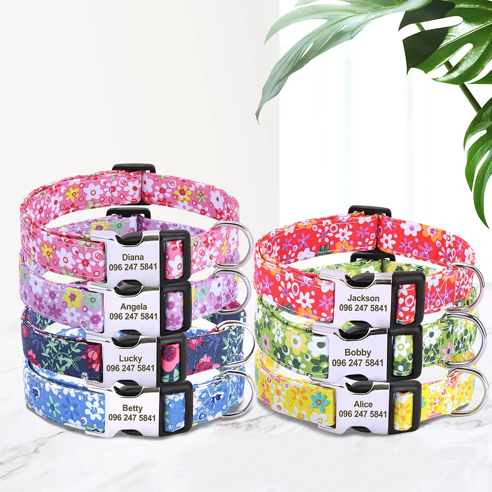 Printed Nylon Personalized Dog Collar Custom Dog Collar Floral Puppy Necklace Engraved Name for Small Medium Large Dogs Bulldog
