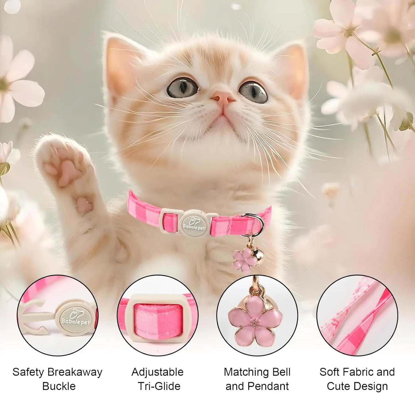 2 Pack Pink Cat Collars with Bell, Bow, Flower Pendant - Adjustable Kitten Collar for Girl Cats in Cute Plaid Design