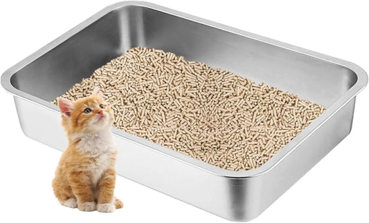 Low Entry Cat Litter Box, Stainless Steel for Small Cats, Guinea Pigs, Puppies, Hamsters - 15.7x11.8x4 Inches