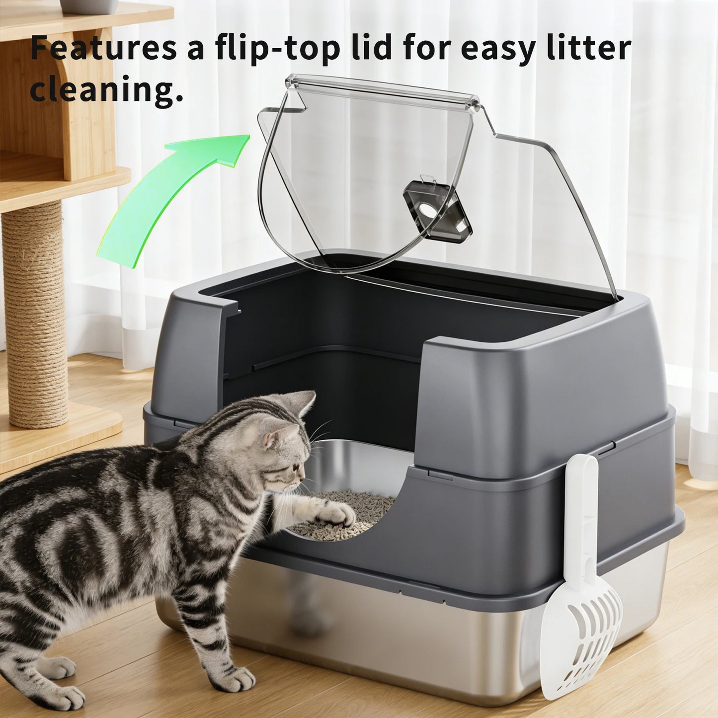 Stainless Steel Litter Box with Lid, Side Entry Large Enclosed Cat Litterbox for Kitty & Multi-Cat, Flip Cover Easy to Clean