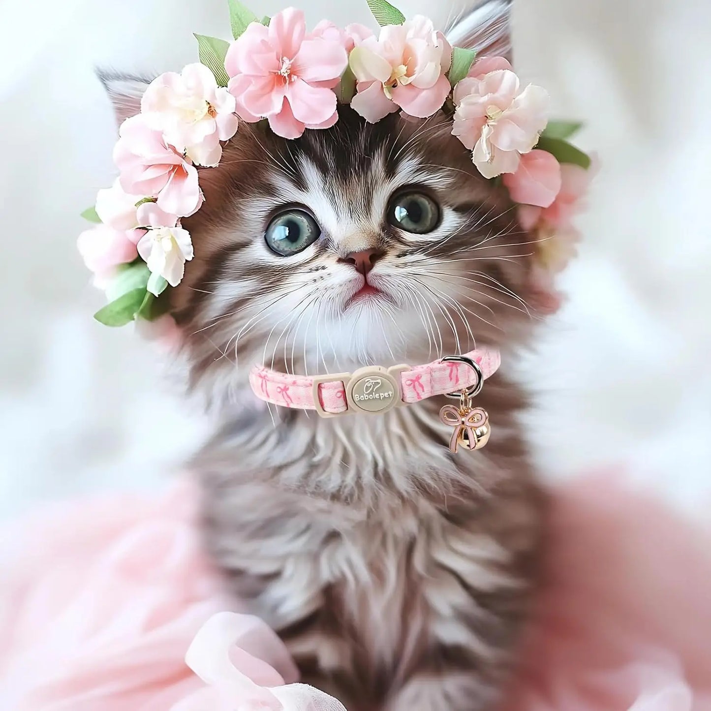 2 Pack Pink Cat Collars with Bell, Bow, Flower Pendant - Adjustable Kitten Collar for Girl Cats in Cute Plaid Design