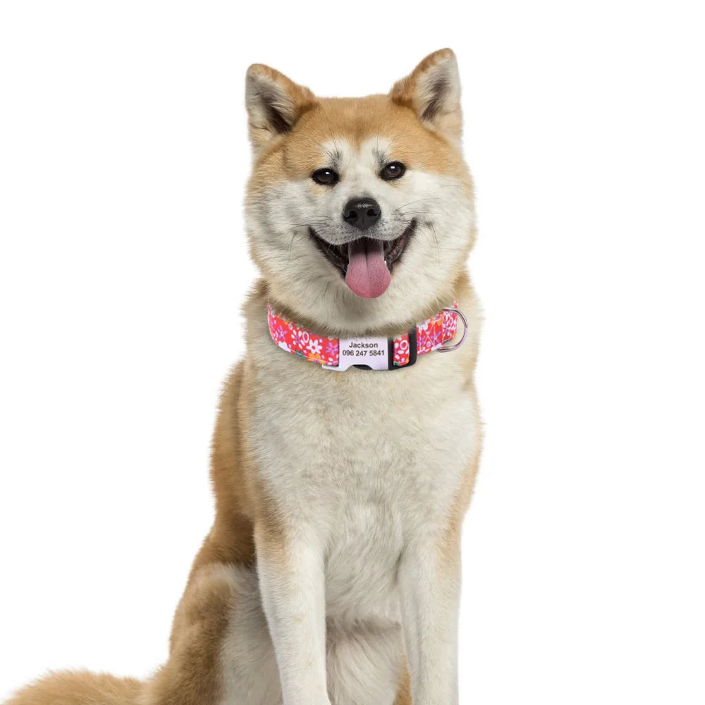 Printed Nylon Personalized Dog Collar Custom Dog Collar Floral Puppy Necklace Engraved Name for Small Medium Large Dogs Bulldog