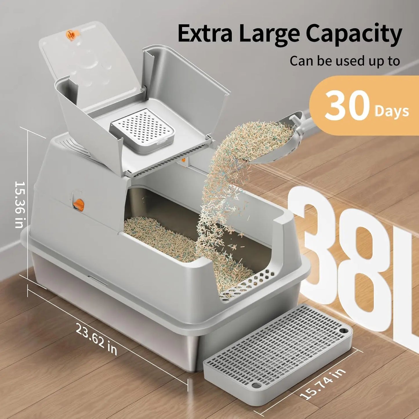 Stainless Steel Cat Litter Box with Lid, 180° Flip-Top XL Enclosed Design, Easy Cleaning & Odor Control
