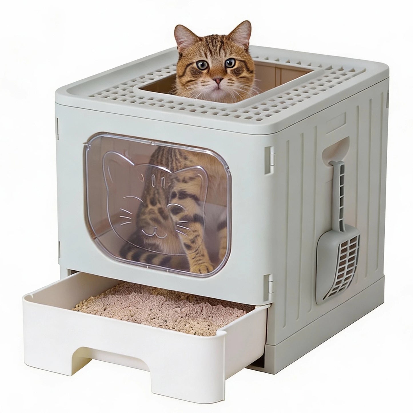 JHK 19IN Cat Litter Box with Lid Large Foldable Cat Box with Litter Scoop Front Entry Top Exit Kitty Litter Box with Door