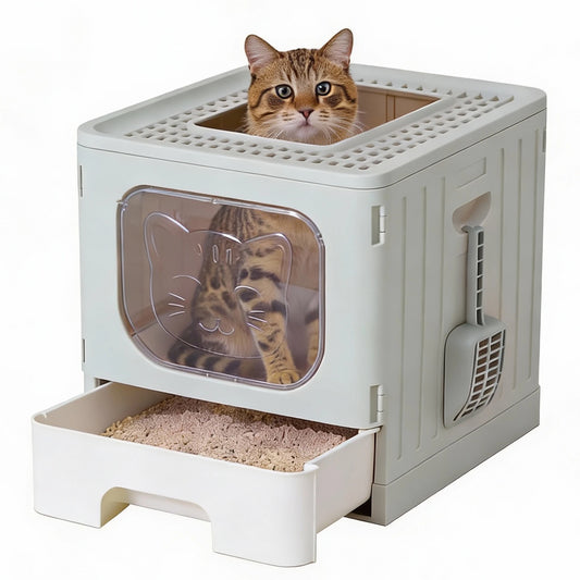 JHK 19IN Cat Litter Box with Lid Large Foldable Cat Box with Litter Scoop Front Entry Top Exit Kitty Litter Box with Door