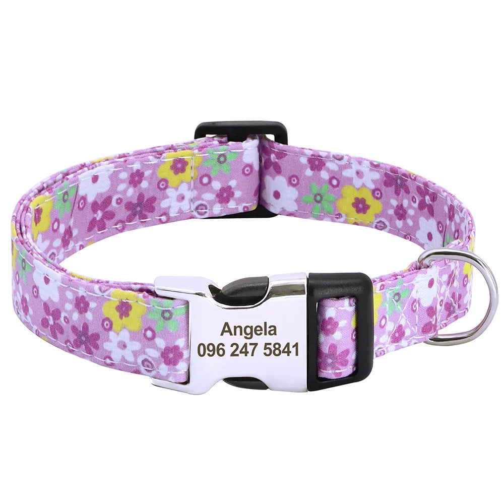 Printed Nylon Personalized Dog Collar Custom Dog Collar Floral Puppy Necklace Engraved Name for Small Medium Large Dogs Bulldog