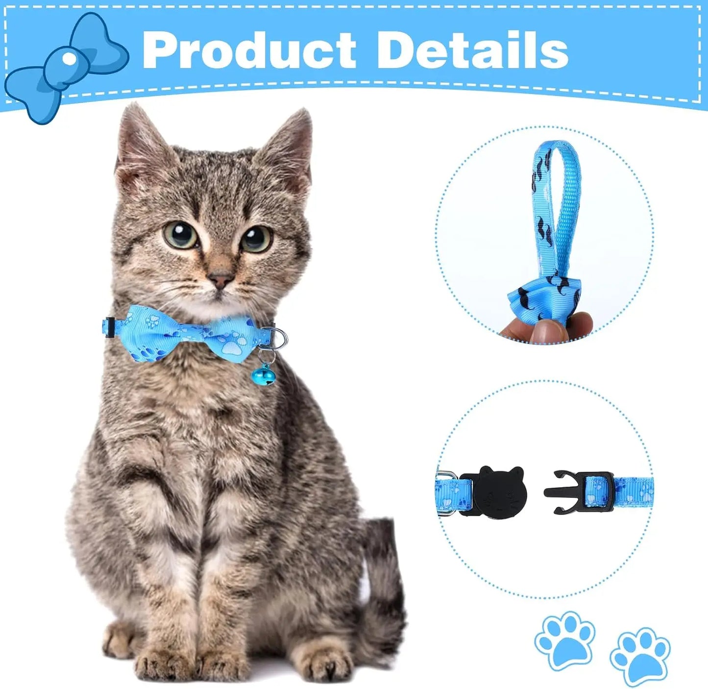 2 Pack Breakaway Cat Collars with Bell and Removable Bow Tie, Adjustable 7.8-12 Inch Safety Buckle for Boy Cats in Blue