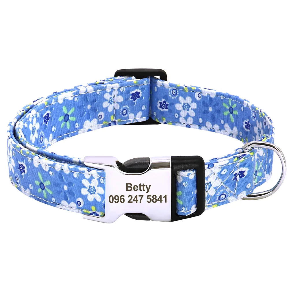 Printed Nylon Personalized Dog Collar Custom Dog Collar Floral Puppy Necklace Engraved Name for Small Medium Large Dogs Bulldog