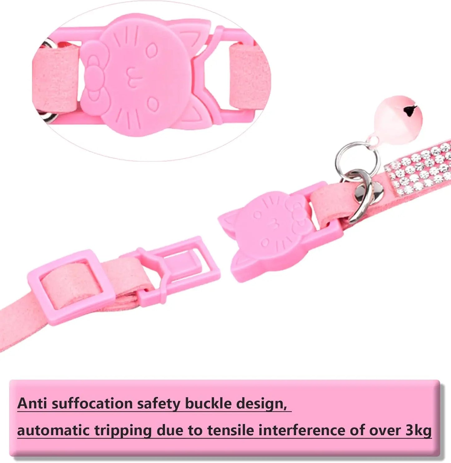Rhinestone Velvet Breakaway Cat Collar with Bell, Adjustable Safe Kitten Collar in Pink
