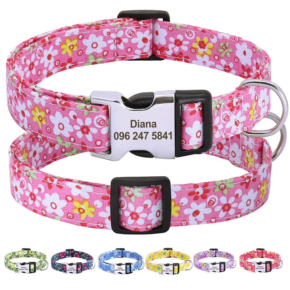Printed Nylon Personalized Dog Collar Custom Dog Collar Floral Puppy Necklace Engraved Name for Small Medium Large Dogs Bulldog