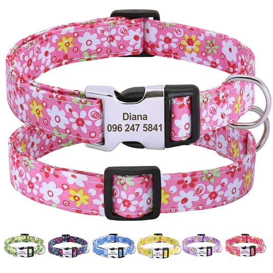 Printed Nylon Personalized Dog Collar Custom Dog Collar Floral Puppy Necklace Engraved Name for Small Medium Large Dogs Bulldog