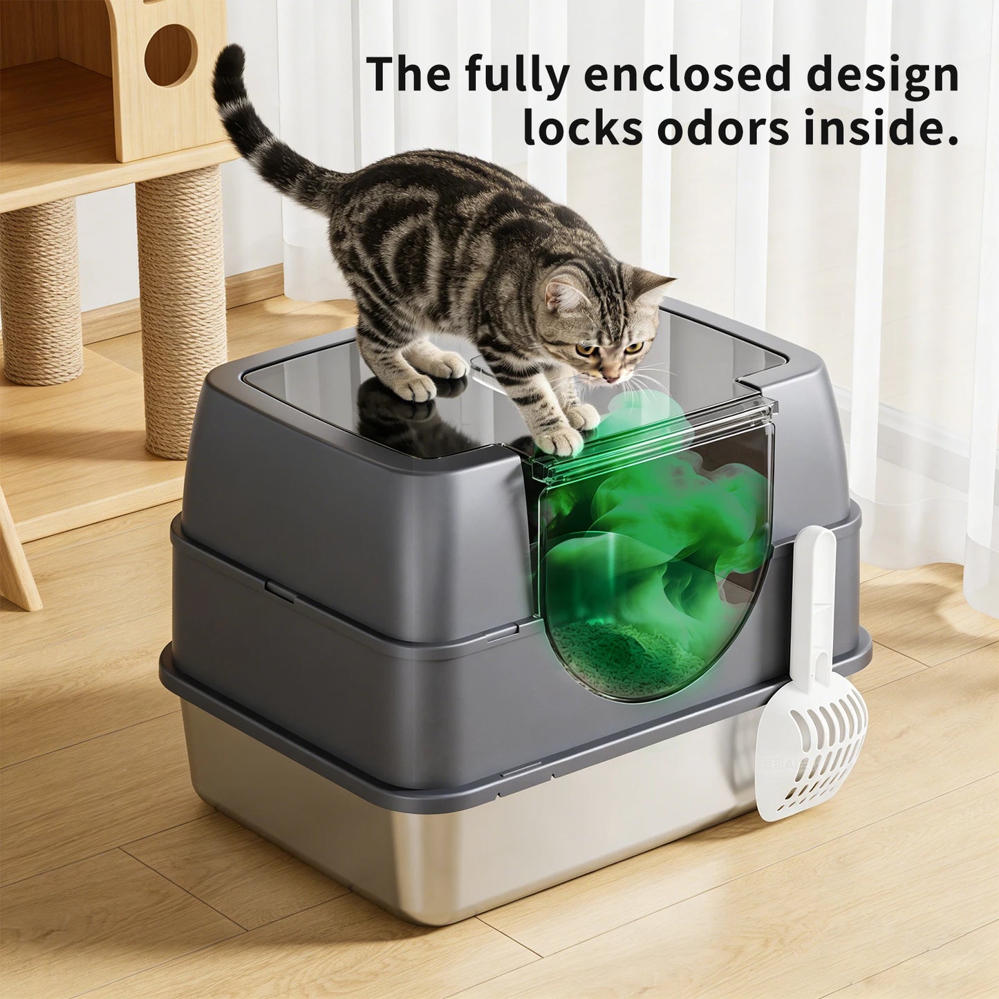Stainless Steel Litter Box with Lid, Side Entry Large Enclosed Cat Litterbox for Kitty & Multi-Cat, Flip Cover Easy to Clean
