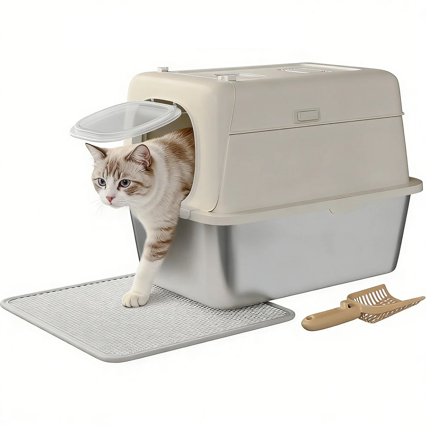 Stainless Steel Litter Box Large Odor Free Anti-Leakage High Sided Cat Litter Box with Scoop&Litter Mat, Semi-enclosed/Enclosed