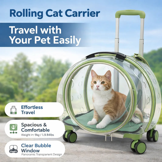 Rolling Cat Carrier with Wheels Telescopic Handle PC Pet Travel Bag Clear Bubble Cat Trolley Backpack for Vet Trip Outdoor