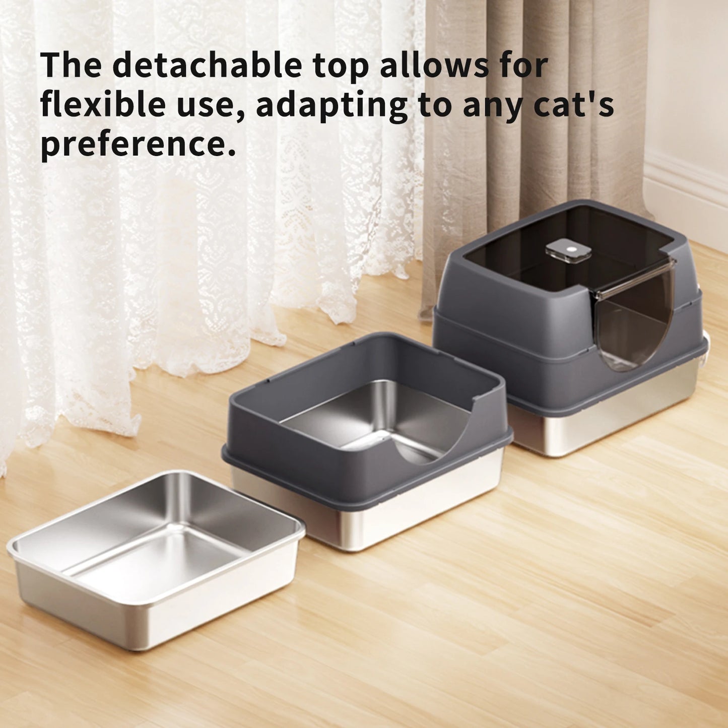 Stainless Steel Litter Box with Lid, Side Entry Large Enclosed Cat Litterbox for Kitty & Multi-Cat, Flip Cover Easy to Clean