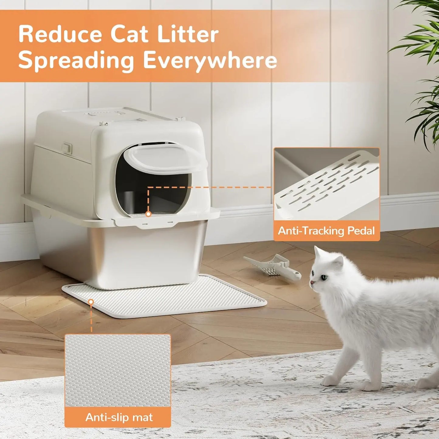 Stainless Steel Litter Box Large Odor Free Anti-Leakage High Sided Cat Litter Box with Scoop&Litter Mat, Semi-enclosed/Enclosed
