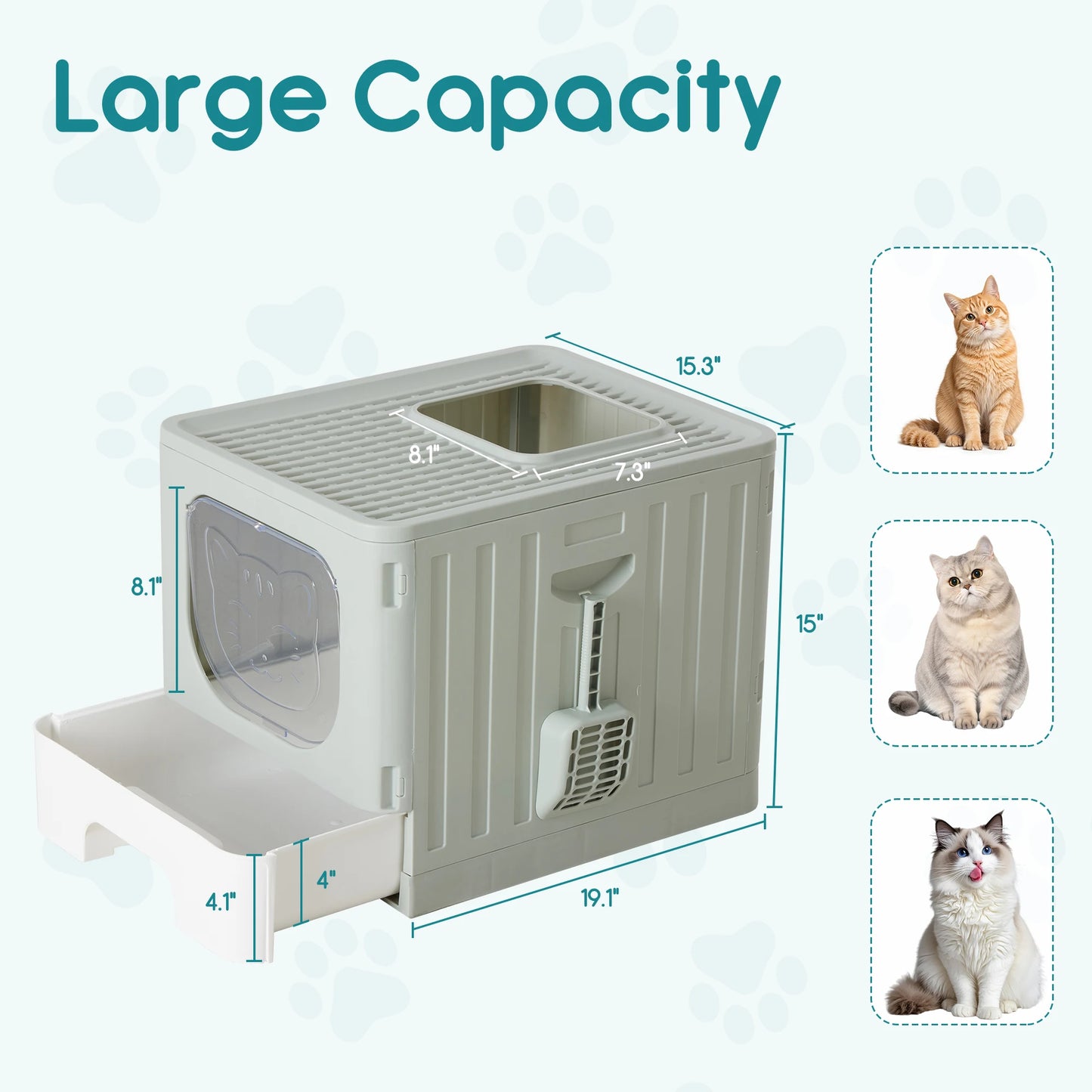 JHK 19IN Cat Litter Box with Lid Large Foldable Cat Box with Litter Scoop Front Entry Top Exit Kitty Litter Box with Door