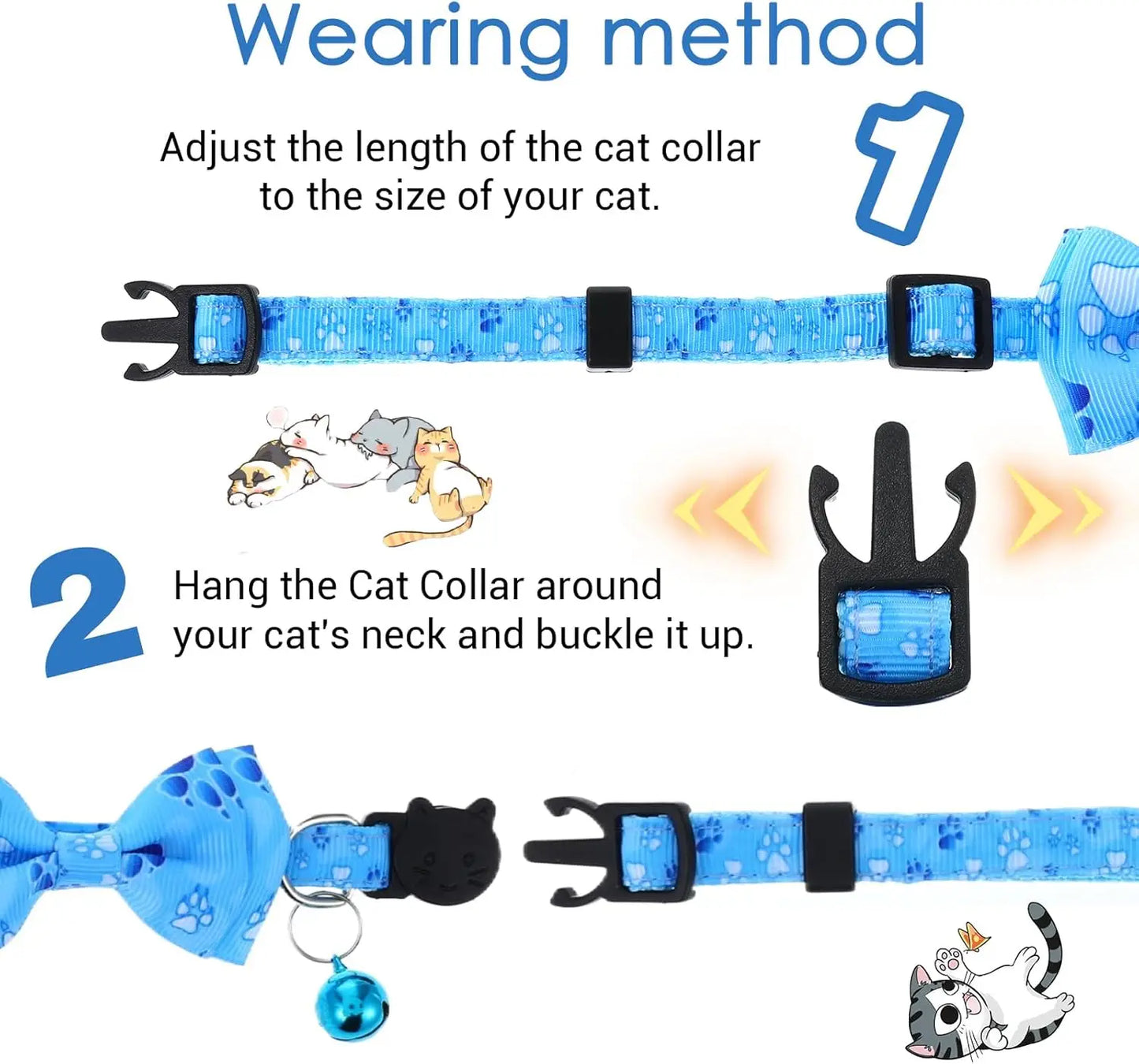 2 Pack Breakaway Cat Collars with Bell and Removable Bow Tie, Adjustable 7.8-12 Inch Safety Buckle for Boy Cats in Blue