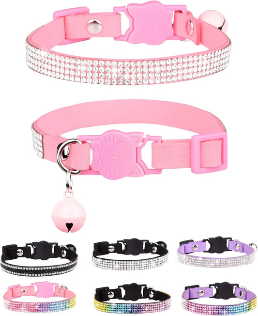 Rhinestone Velvet Breakaway Cat Collar with Bell, Adjustable Safe Kitten Collar in Pink
